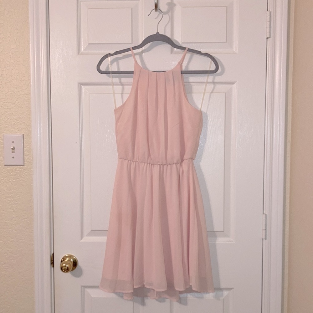 Francesca’s Blue Rain Halter Dress in Blush Pink